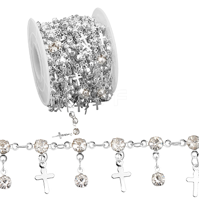 4M Flat Round with Cross Charm Brass Rhinestone Chains DIY-PH0030-93S-1