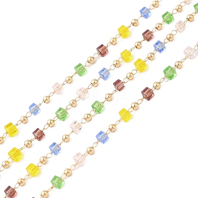 Faceted Cube Glass & Round Beaded Chains CHC-G018-03KCG-03-1
