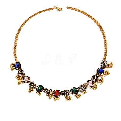 Flat Round & Flower Alloy Rhinestone Pendant Necklace & Stud Dangle Earring Sets FS-WG9BC55-01-1