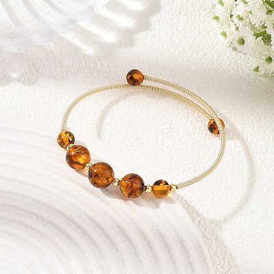Natural Amber Round Graduated Beaded Brass Cuff Bangles BJEW-JB14463-01-1