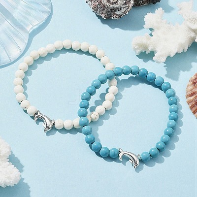 2Pcs 2 Color Tibetan Style Alloy Dolphin & Synthetic Turquoise Round Beaded Stretch Bracelets Set BJEW-JB09895-1