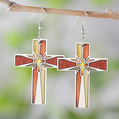 Printed Both Sides Wood Dangle Earrings FS-WGB0329-02-1