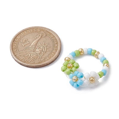 3Pcs 3 Color Glass Seed Beaded Stretch Rings Sets. Flower Stackable Rings RJEW-JR00617-1