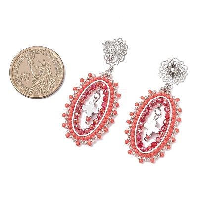 3 Pairs Cross Oval Glass Seed Bead Woven Stud Earrings EJEW-MZ00595-1
