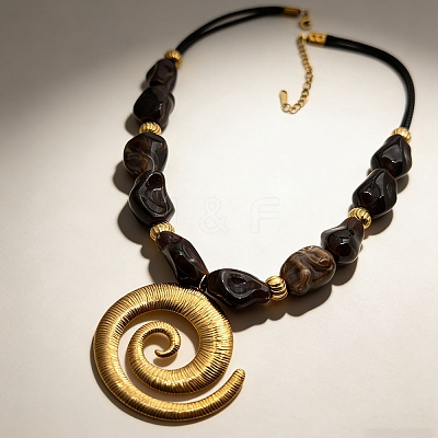 304 Stainless Steel Spiral Shaped Pendant Nuggets Black Resin Beaded Necklaces for Women NJEW-F370-02G-1