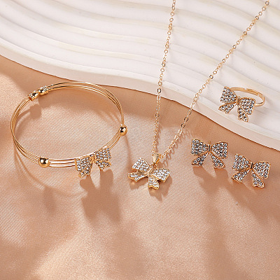 Bowknot Alloy Rhinestone Stud Errings & Ring & Pendant Necklaces & Bangle Sets for Women FS-WGFEA72-01-1