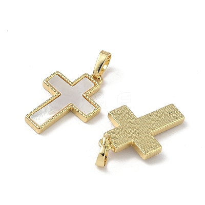 Brass Pave Natural White Shell Pendants KK-Z115-12G-1