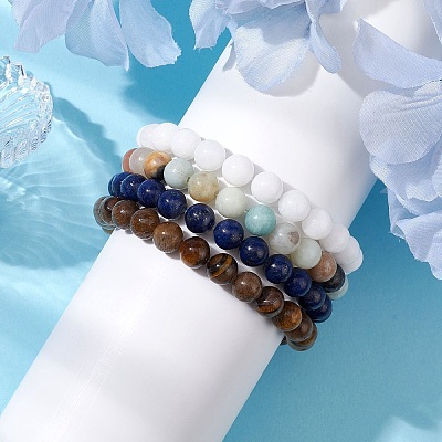 4Pcs Constellation 8mm Round Natural Lapis Lazuli & Malaysia Jade & Flower Amazonite & Yellow Tiger Eye Beaded Stretch Bracelets for Women BJEW-JB10638-1