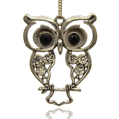 Antique Silver Alloy Rhinestone Owl Large Pendants ALRI-J005-01AS-1