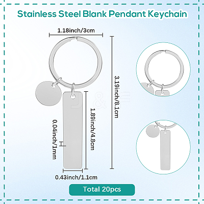 20Pcs 201 Stainless Steel Blank Pendant Keychain KEYC-SC0001-62C-1