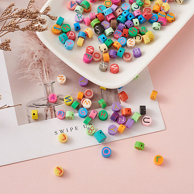 Handmade Polymer Clay Flat Round with Capital Letter Beads CLAY-CW0001-01-1