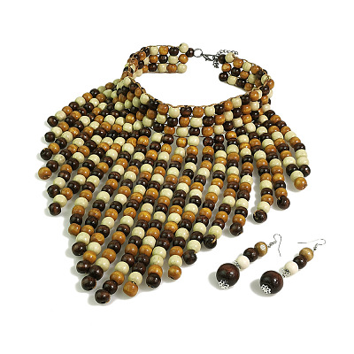 Bohemian Style Wood Round Beaded Pendant Necklaces & Dangle Earrings Sets FS-WG26D1A-02-1