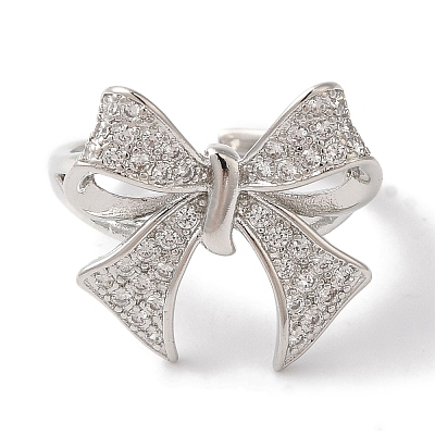 Bowknot Brass Micro Pave Clear Cubic Zirconia Open Cuff Rings for Women RJEW-C098-11P-1