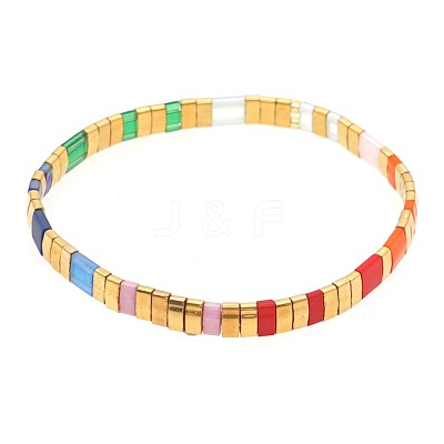 Bohemian Rainbow Glass Flat Double-Hole Bead Striped Women's Stretch Bracelets for Women QS8192-6-1
