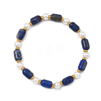 Natural Lapis Lazuli & Shell Pearl & Brass Beads Stretch Bracelets for Women BJEW-JB13865-02-1