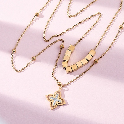 304 Stainless Steel Crystal Rhinestone Flower Pendant Double Layer Necklaces NJEW-R026-07G-1