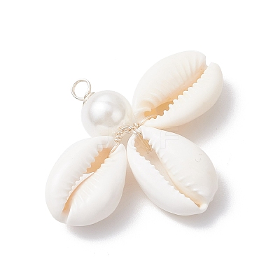 Natural Cowrie Shell & ABS Plastic Imitation Pearl Round Pendants PALLOY-JF03786-1