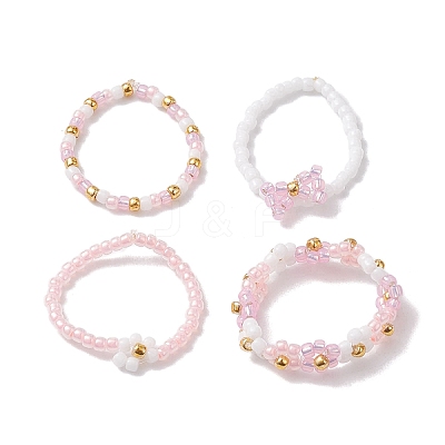 4Pcs 4 Style Glass Seed Beaded Stretch Finger Rings RJEW-JR00661-04-1