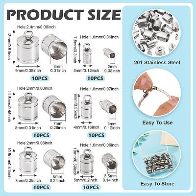 60Pc 6 Styles 201 Stainless Steel Cord Ends STAS-TA0002-98-1