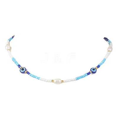 Natural Pearl & Resin Evil Eye & Glass Seed Beaded Necklaces for Women NJEW-MZ00152-01-1