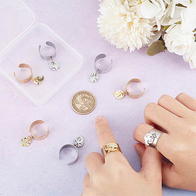 8Pcs 4 Style 304 Stainless Steel Open Cuff Rings Set with Charms RJEW-AB00009-1