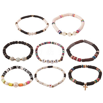 8Pcs 8 Style Polymer Clay Heishi & Natural Pearl & Natural Sea Shell Beads Stretch Bracelets Set for Girl Women BJEW-SZ0001-82-1