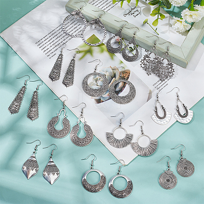 4 Sets 4 Style Tibetan Style Alloy Geometry Dangle Earrings for Women EJEW-AN0003-86-1