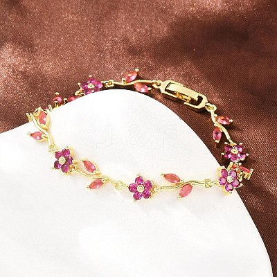 Brass Pave Cubic Zirconia Flower Link Chain Bracelets for Women KK-CBA68DA-14G-04-1
