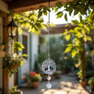 2Pcs 201 Stainless Steel Tree of Life Shape & Rainbow Crystal Glass Hanging Suncatcher HJEW-TA00446-1