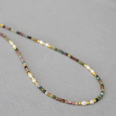 French Vintage Artistic Colorful Natural Multicolor Tourmaline & Freshwater Pearl & Brass Beads Choker Necklace - Retro ST9907680-1