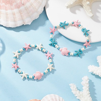 2Pcs Synthetic Turquoise Beads Stretch Bracelets BJEW-JB12019-1