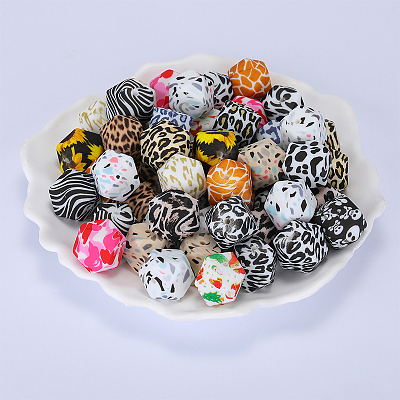 Colorful Pattern Printed Silicone Focal Beads SI-JX0022A-14-1