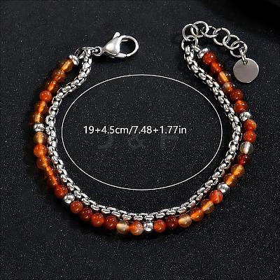 Natural Carnelian Round Beaded 2-Strand Bracelets with 201 Stainless Steel Box Chains for Men Women EI8345-2-1