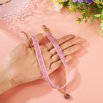 Glass Beaded Flower Pendant Single Face Medium Orchid Velvet Ribbon & Brass Cable Chain Double Layered Choker Necklaces NJEW-TAC0041-1