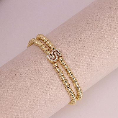 Brass Micro Pave Clear Cubic Zirconia Beads Double Strands Stretch Bracelets for Women FS-WGC7159-19-1