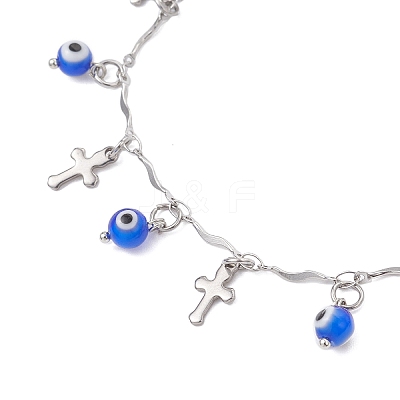 Handmade Evil Eye Lampwork & 304 Stainless Steel Cross Tassel Bar Link Chain Anklets for Women AJEW-AN00741-02-1
