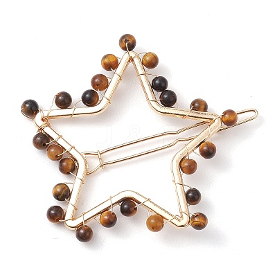 2Pcs Moon & Star Alloy with Natural Tiger Eye Hollow Hair Barrettes PHAR-JH00105-04-1