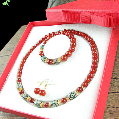Natural Dragon Bone Stone Round Beaded Necklaces & Beaded Bracelets & Dangle Earrings Sets WGE6446-07-1