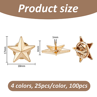 100Pcs 4 Colors Alloy Star Lapel Pin Back Brooch JEWB-FH0003-01-1