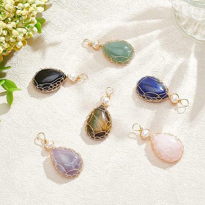6Pcs 6 Styles Natural Gemstone Copper Wire Wrapped Pendants G-NB0003-75-1