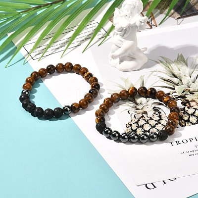 Natural Tiger Eye & Lava Rock & Synthetic Hematitie Beads Stretch Bracelet Set BJEW-JB07030-1