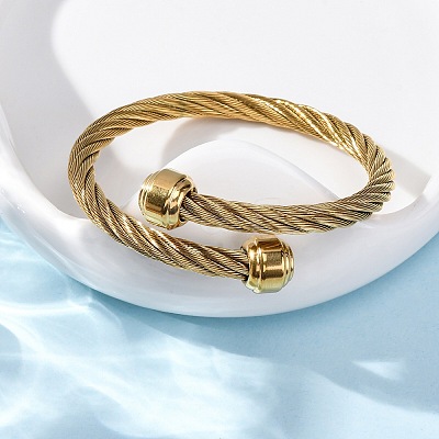 304 Stainless Steel Torque Bangles for Women BJEW-P310-23G-1