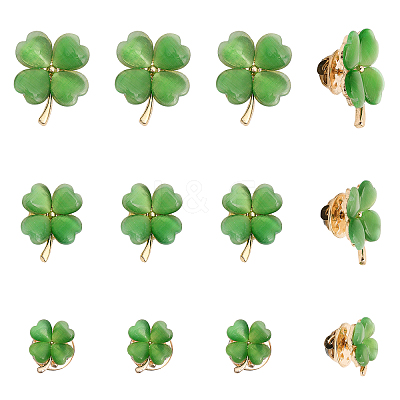 12Pcs 3 Size Green Resin Clover Lapel Pin Brooch JEWB-CA0001-39-1