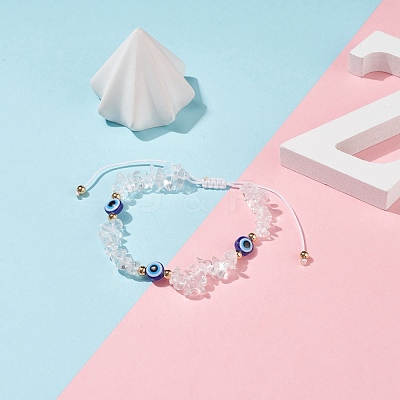 Natural Quartz Crystal Chips & Resin Evil Eye Braided Bead Bracelet BJEW-JB08495-06-1