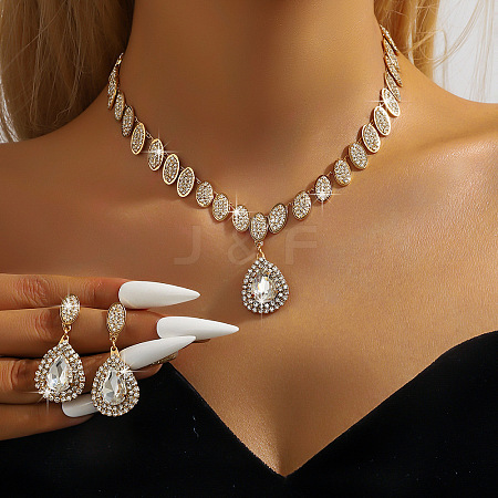 Teardrop Brass Rhinestone Pendant Necklace & Stud Dangle Earrings Sets for Women FS-WG71281-02-1
