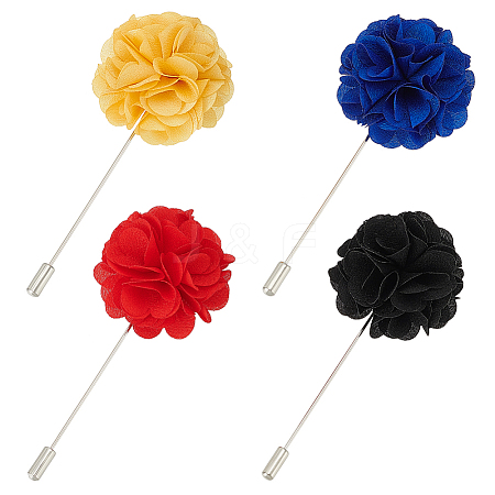 4Pcs 4 Colors Flower Polyester Lapel Pin Brooches for Men JEWB-FG0001-21-1