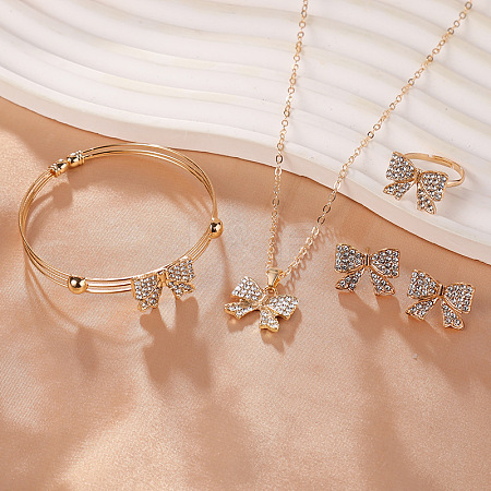 Bowknot Alloy Rhinestone Stud Errings & Ring & Pendant Necklaces & Bangle Sets for Women FS-WGFEA72-01-1