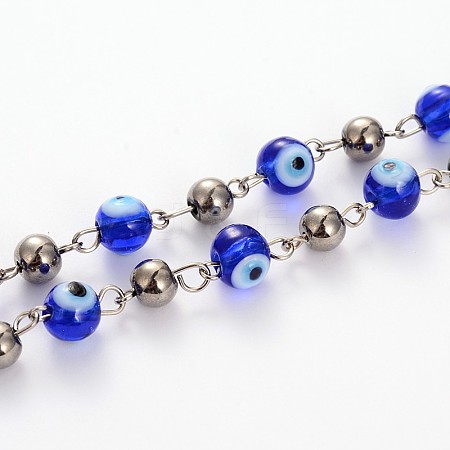 Handmade Evil Eye Lampwork Round Beads Chains for Necklaces Bracelets Making AJEW-JB00106-04-1