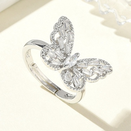 Adjustable Brass Butterfly Finger Rings with Clear Cubic Zirconia CU-CBA7E55-18P-01-1