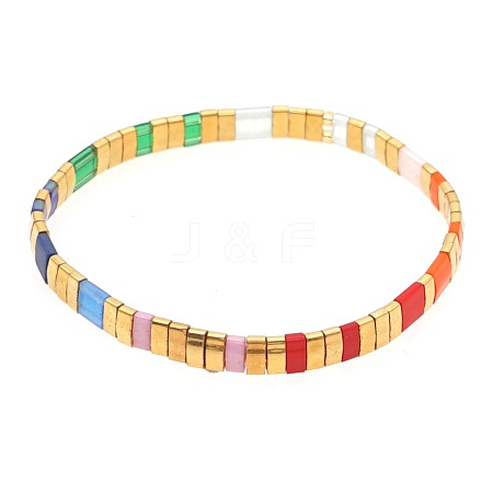 Bohemian Rainbow Glass Flat Double-Hole Bead Striped Women's Stretch Bracelets for Women QS8192-6-1